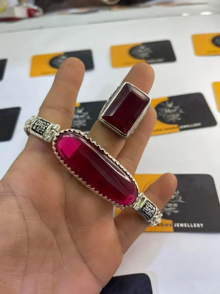 Hand-Engraved Sterling Silver Ruby Ring Bracelet Set | Islamic Jewelry for Him