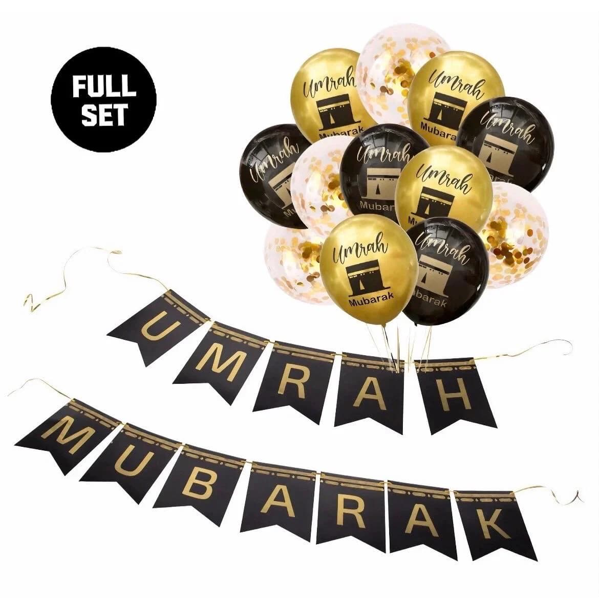 Umrah Mubarak Celebration Set: Balloons, Banner, Tablecloth, Backdrop (Full Set)