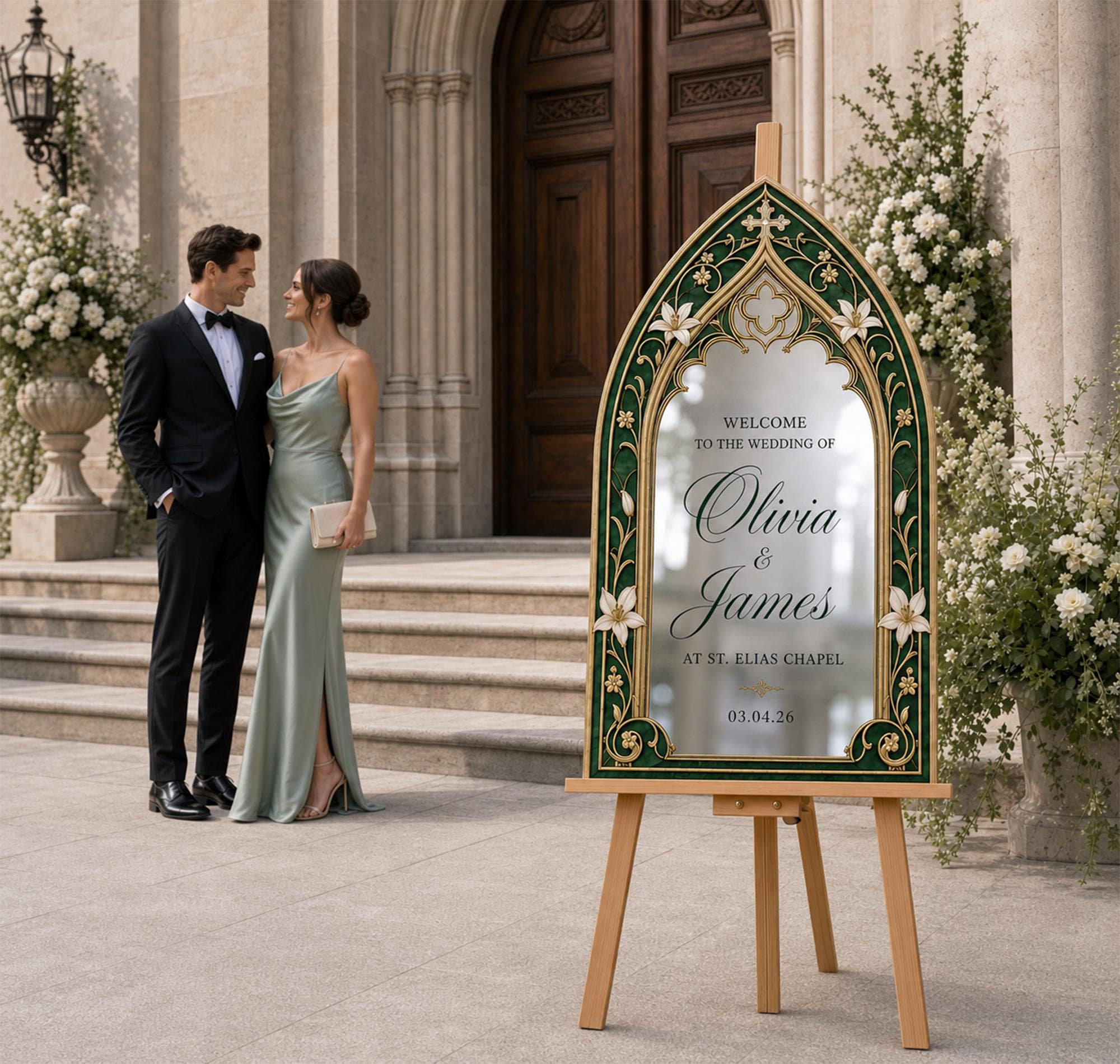 Personalized Acrylic Wedding Welcome Sign, Green Gothic Floral Faux Stained Glass Arch Sign