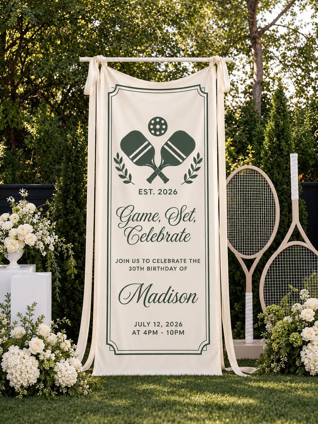 Pickleball Birthday Banner, Personalized 30th Birthday Welcome Sign, Game Set Celebrate Fabric Party Decor