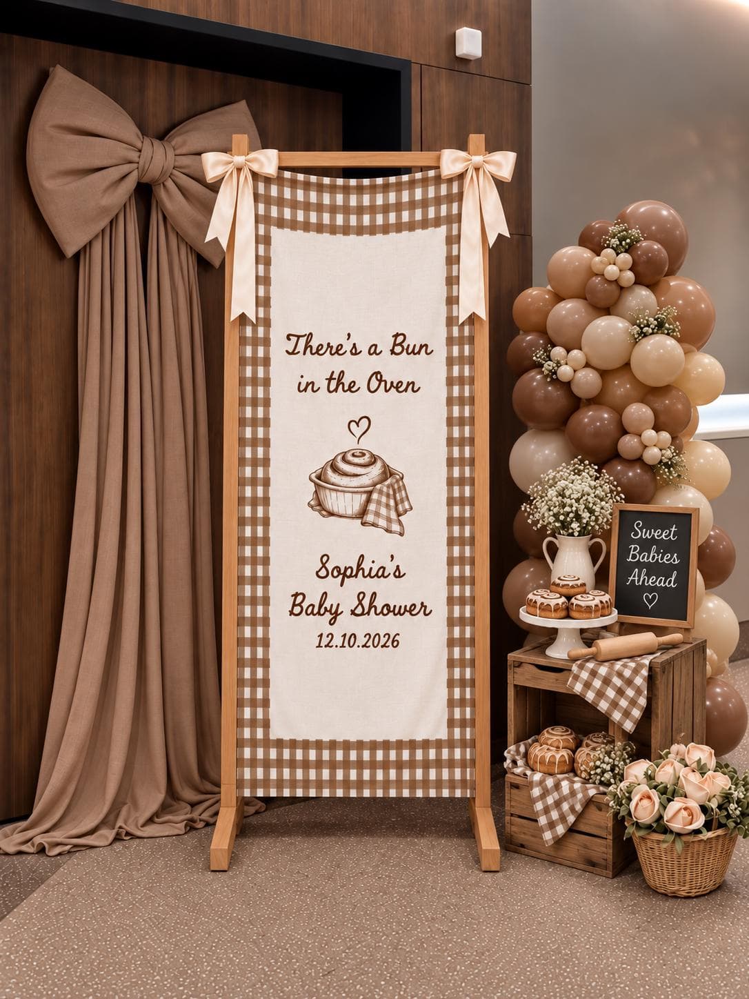 Bun in the Oven Baby Shower Banner, Personalized Baby Name Sign, Brown Gingham Fabric Welcome Decor