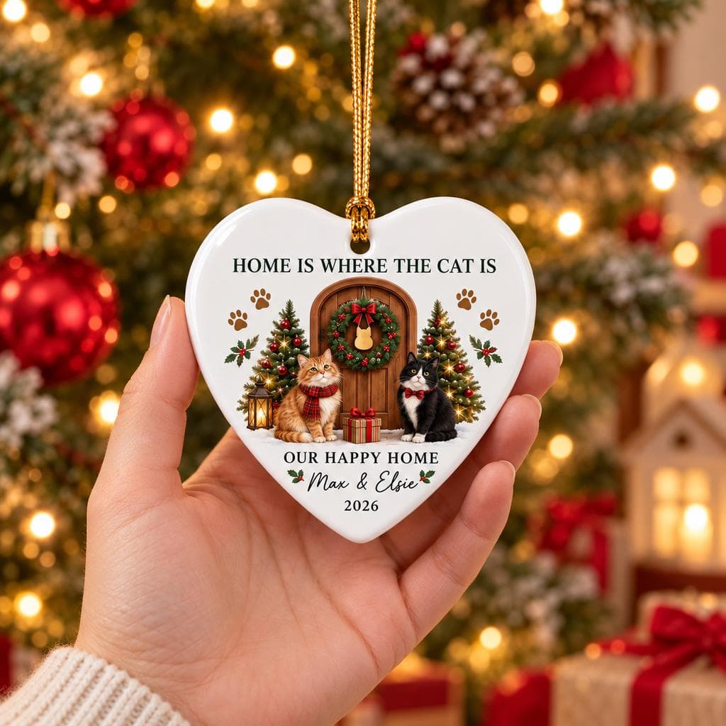 Cat Lover Christmas Ceramic Ornament, Personalized Pet Names Keepsake, Custom Cat Family Ornament, Pet Christmas Gift 2026