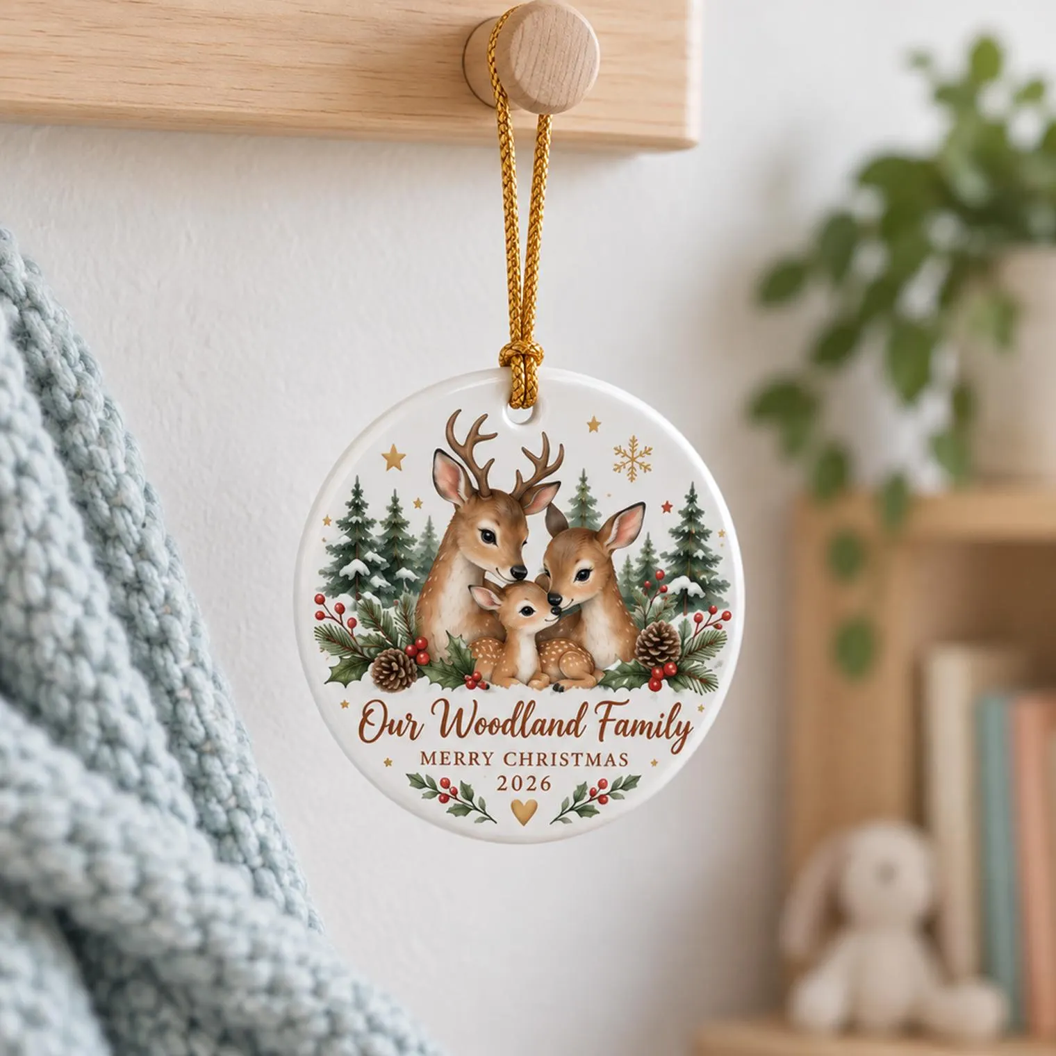 Woodland Family Christmas Ceramic Ornament, Deer Family Keepsake, Rustic Forest Holiday Gift, Woodland Christmas Ornament 2026 - image 4