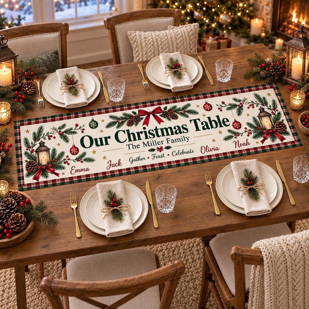 Personalized Christmas Table Runner, Custom Family Name & Kids Names, Christmas Dining Table Decor, Holiday Family Table Runner
