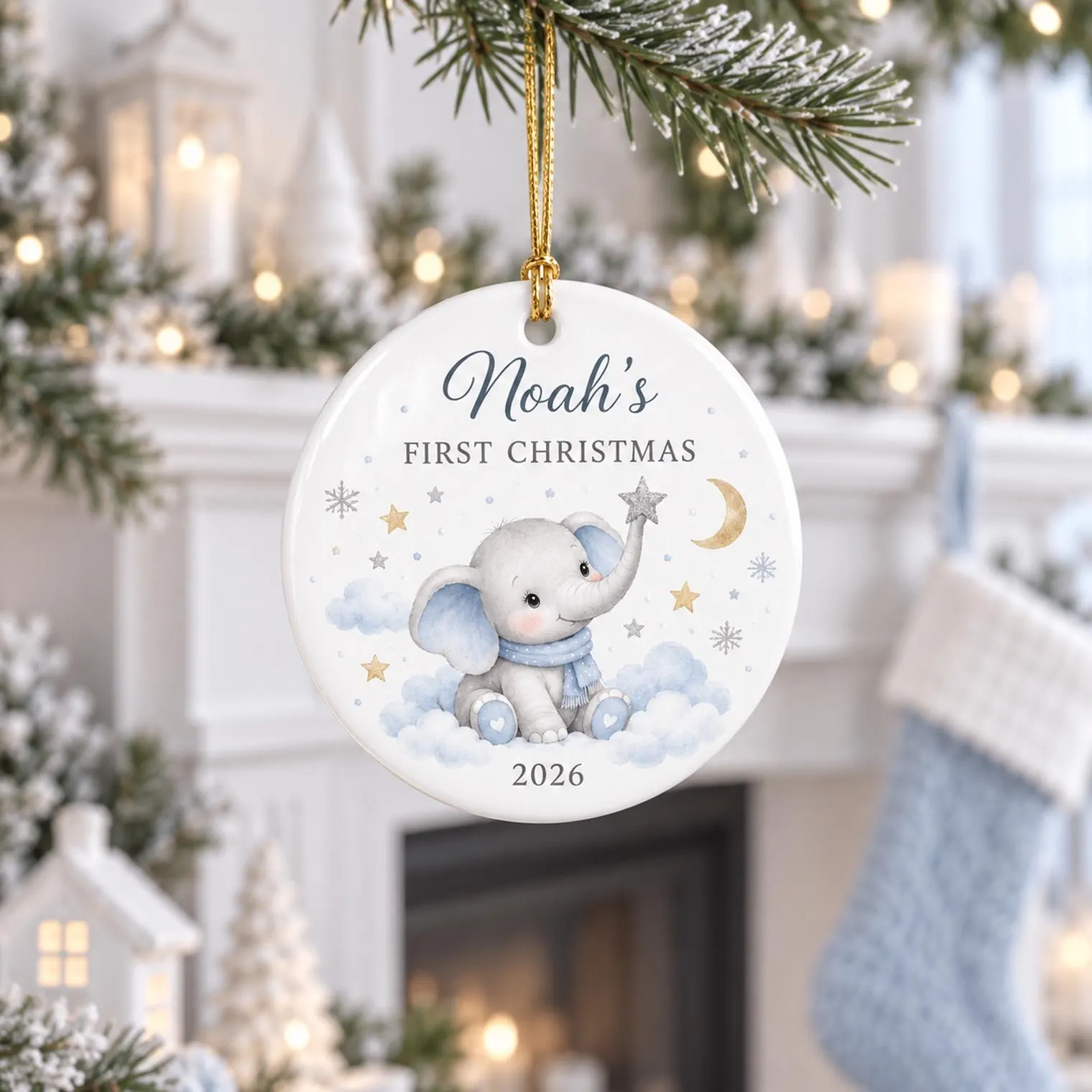 Baby First Christmas Elephant Ceramic Ornament, Personalized Baby Name Keepsake, Newborn Christmas Gift 2026