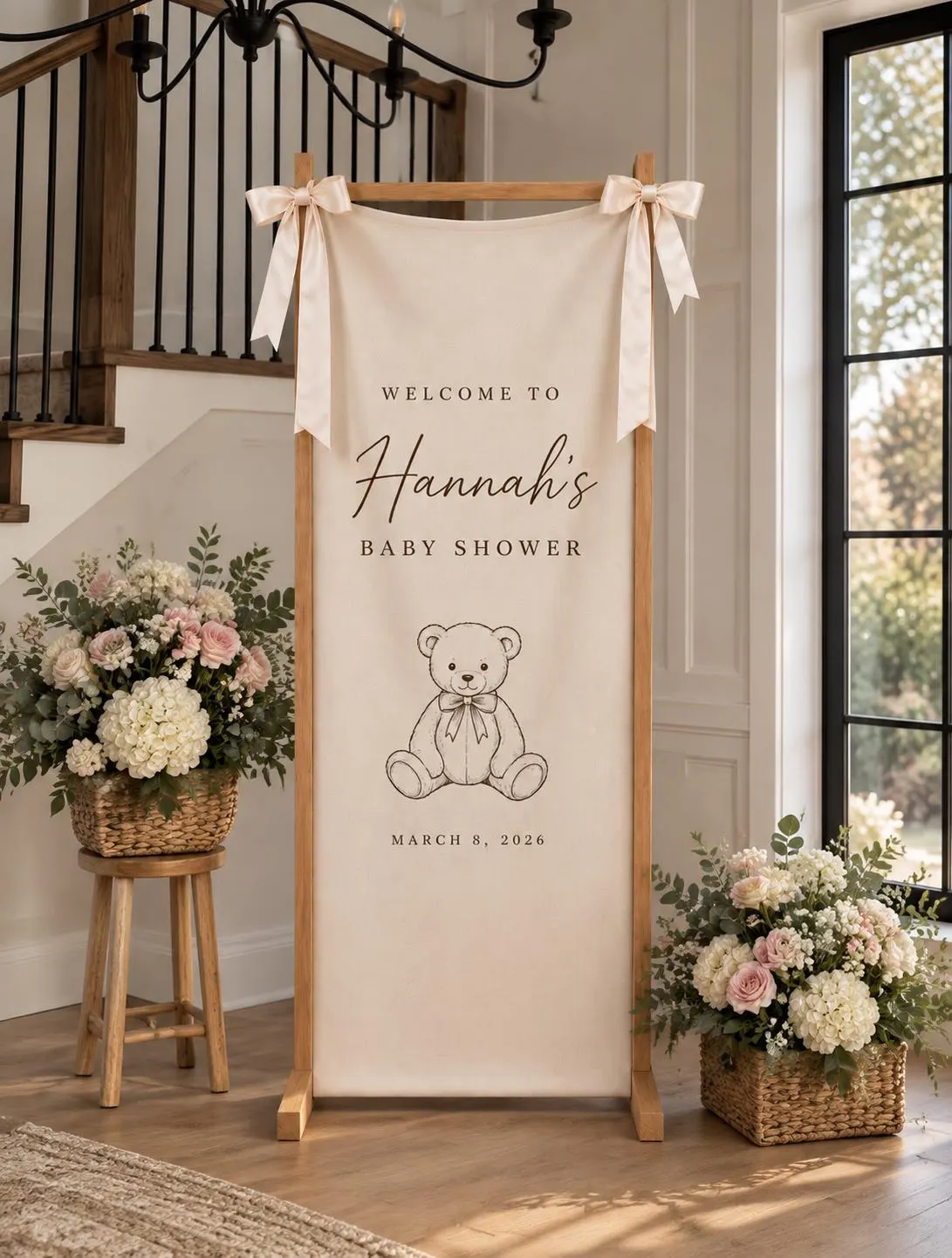 Personalized Teddy Bear Baby Shower Banner, Neutral Welcome Sign, Classic Nursery Shower Backdrop, Custom Minimalist Party Decor