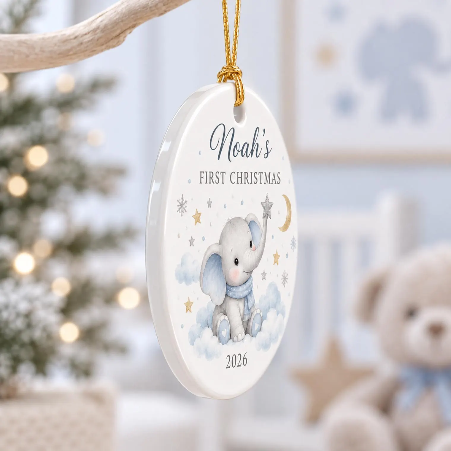Baby First Christmas Elephant Ceramic Ornament, Personalized Baby Name Keepsake, Newborn Christmas Gift 2026 - image 3
