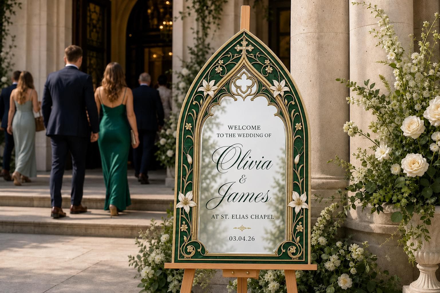 Personalized Acrylic Wedding Welcome Sign, Green Gothic Floral Faux Stained Glass Arch Sign - image 4