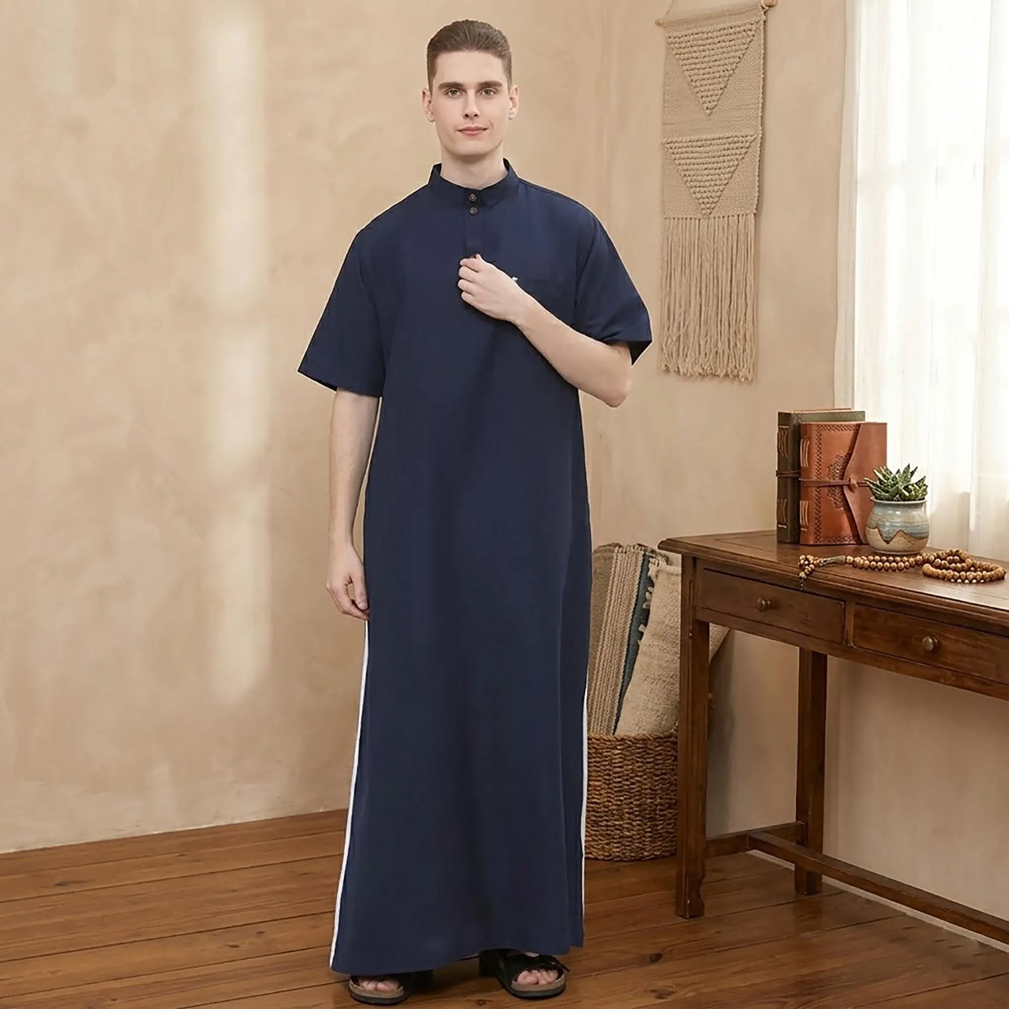 Men's Short Sleeve Thobe | Breathable Cotton Kaftan, Minimalist Arabic Jubba - image 4