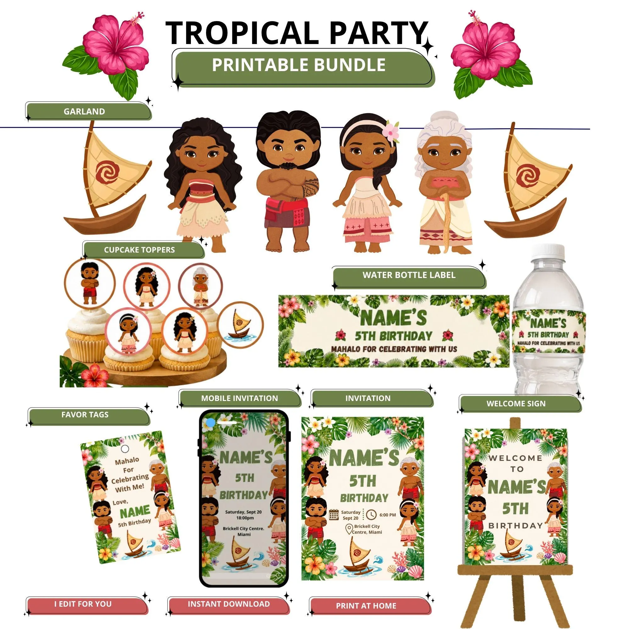 Tropical Birthday Party Bundle | Island Theme Printable Set | Welcome Sign, Invitation, Cupcake Toppers, Favor Tags, Water Labels - image 3