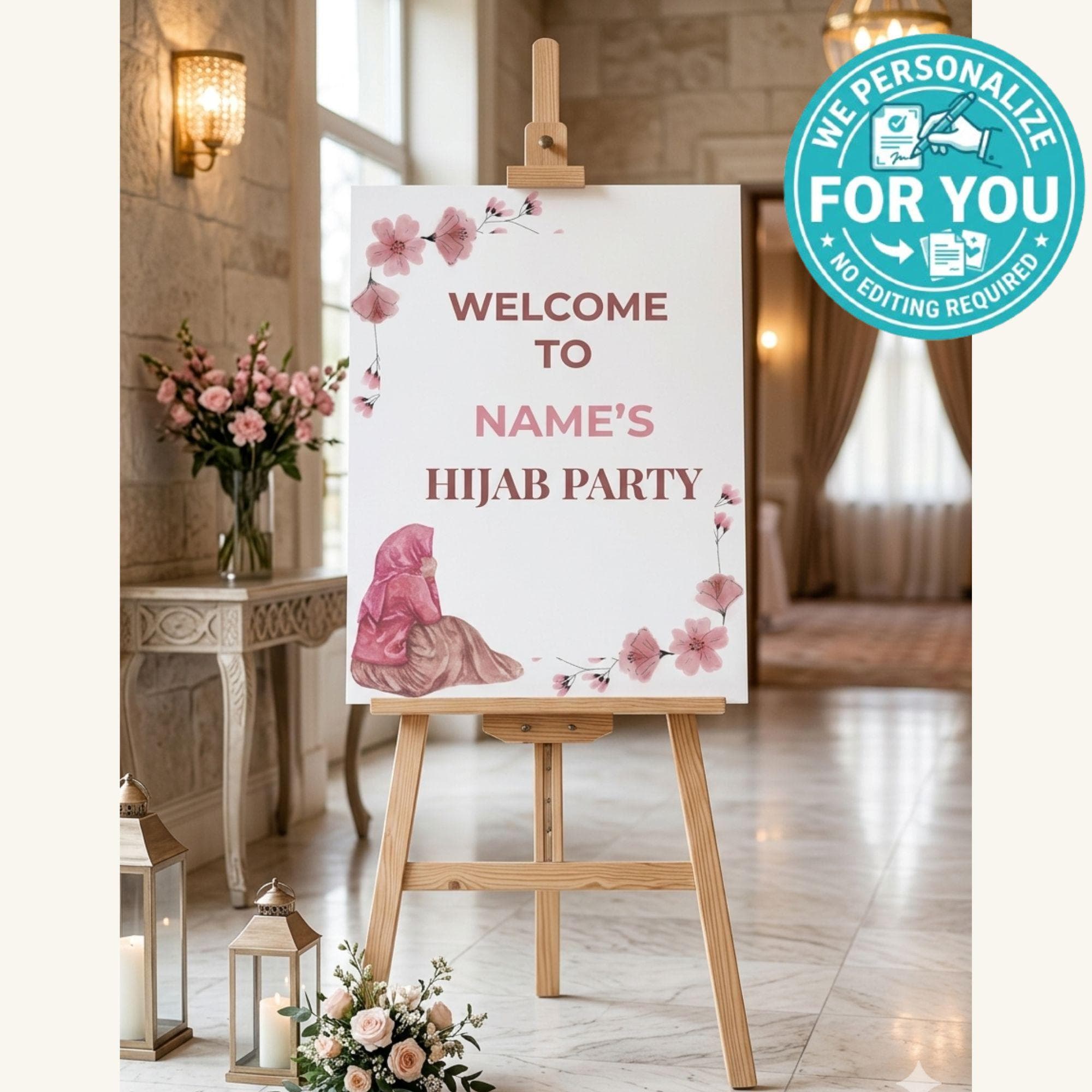 Custom Hijab Party Welcome Sign | Personalized Hijab Graduation Decor | Floral Muslim Celebration Poster | Modest Event Welcome Board - image 4