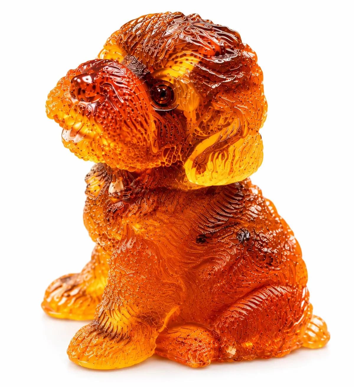 Made in USA natural Baltic amber Bichon Frise figurine, sitting fluffy puppy in cognac amber on white background — KIZIMA® Brooklyn NY