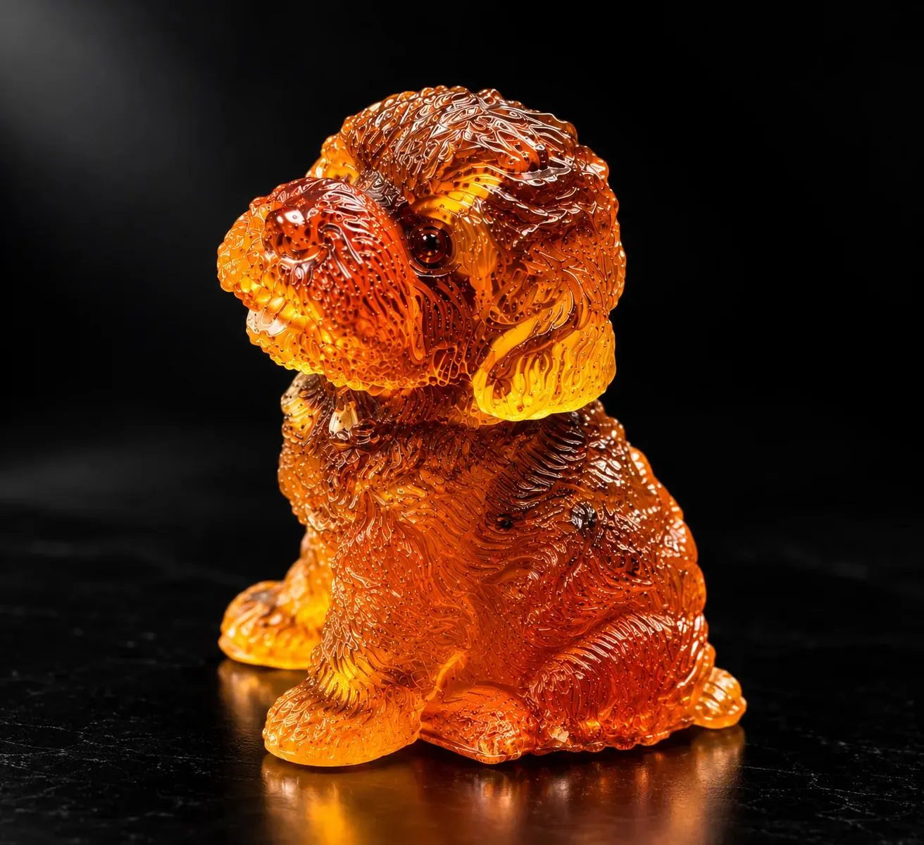 Made in USA natural Baltic amber Bichon Frise figurine, sitting fluffy puppy glowing on black studio background, handcrafted by KIZIMA® Brooklyn NY — gift for Bichon and dog lovers