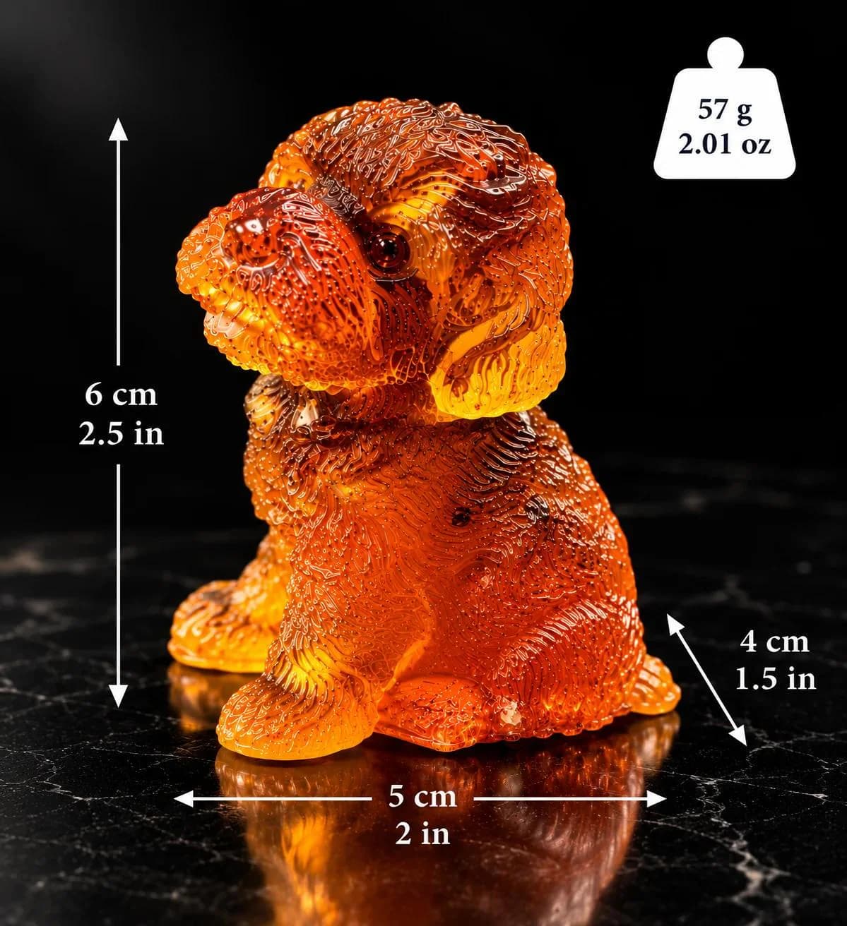 Made in USA natural Baltic amber Bichon Frise figurine size chart — sitting puppy 6 cm (2.5 in) tall, 5 cm (2 in) wide, 4 cm (1.5 in) deep, 57 g (2.01 oz) — KIZIMA® Brooklyn NY