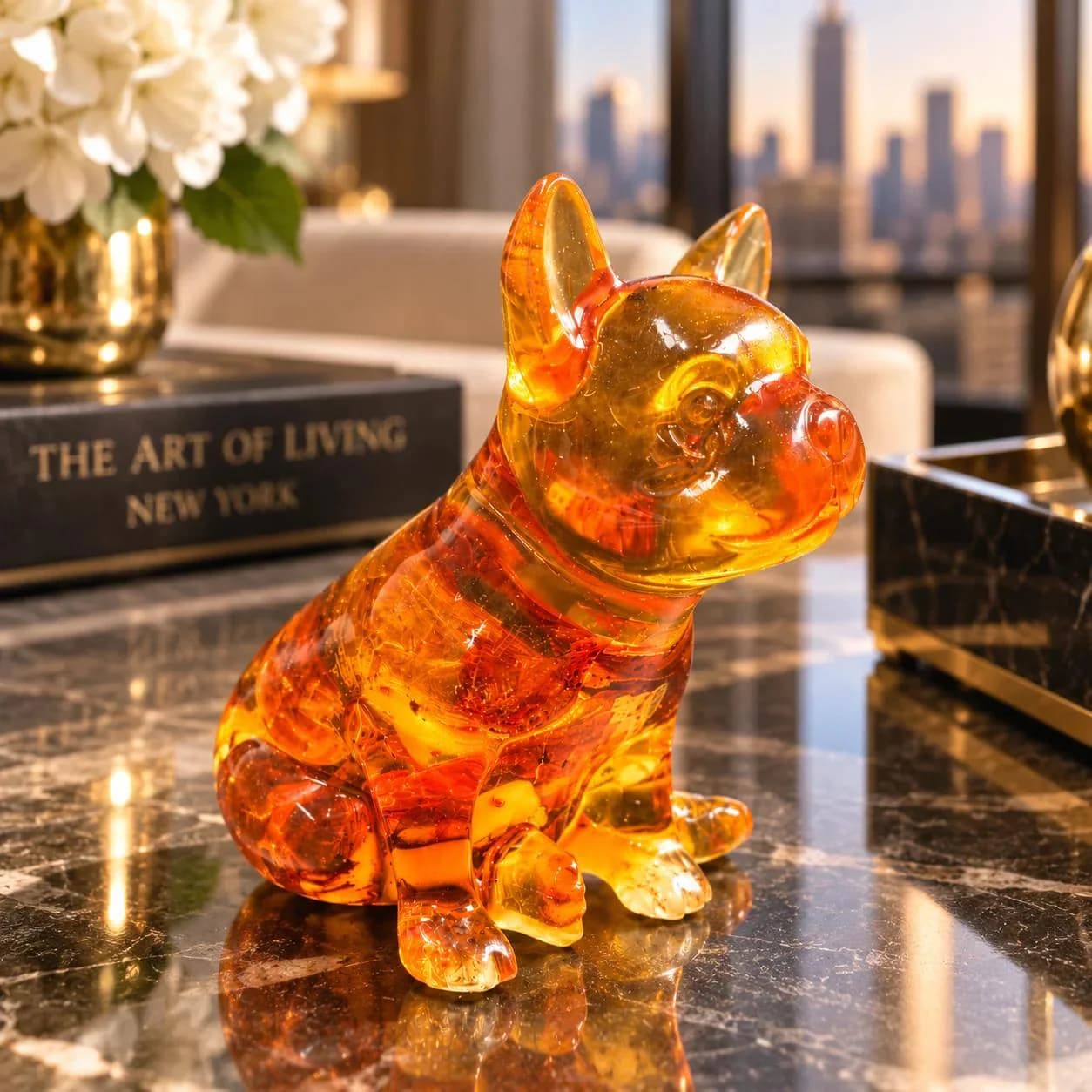 Made in USA natural Baltic amber sitting French Bulldog figurine as desk decor on a marble console with Manhattan skyline — Frenchie lover gift by KIZIMA® Brooklyn NY