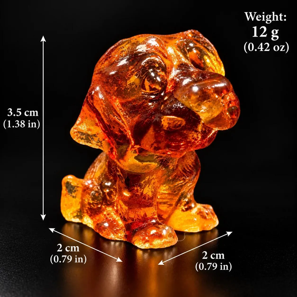 Made in USA natural Baltic amber Labrador puppy figurine size chart — 3.5 cm (1.38 in) tall, 2 cm (0.79 in) deep, 2 cm (0.79 in) wide, 12 g (0.42 oz) — KIZIMA® Brooklyn NY