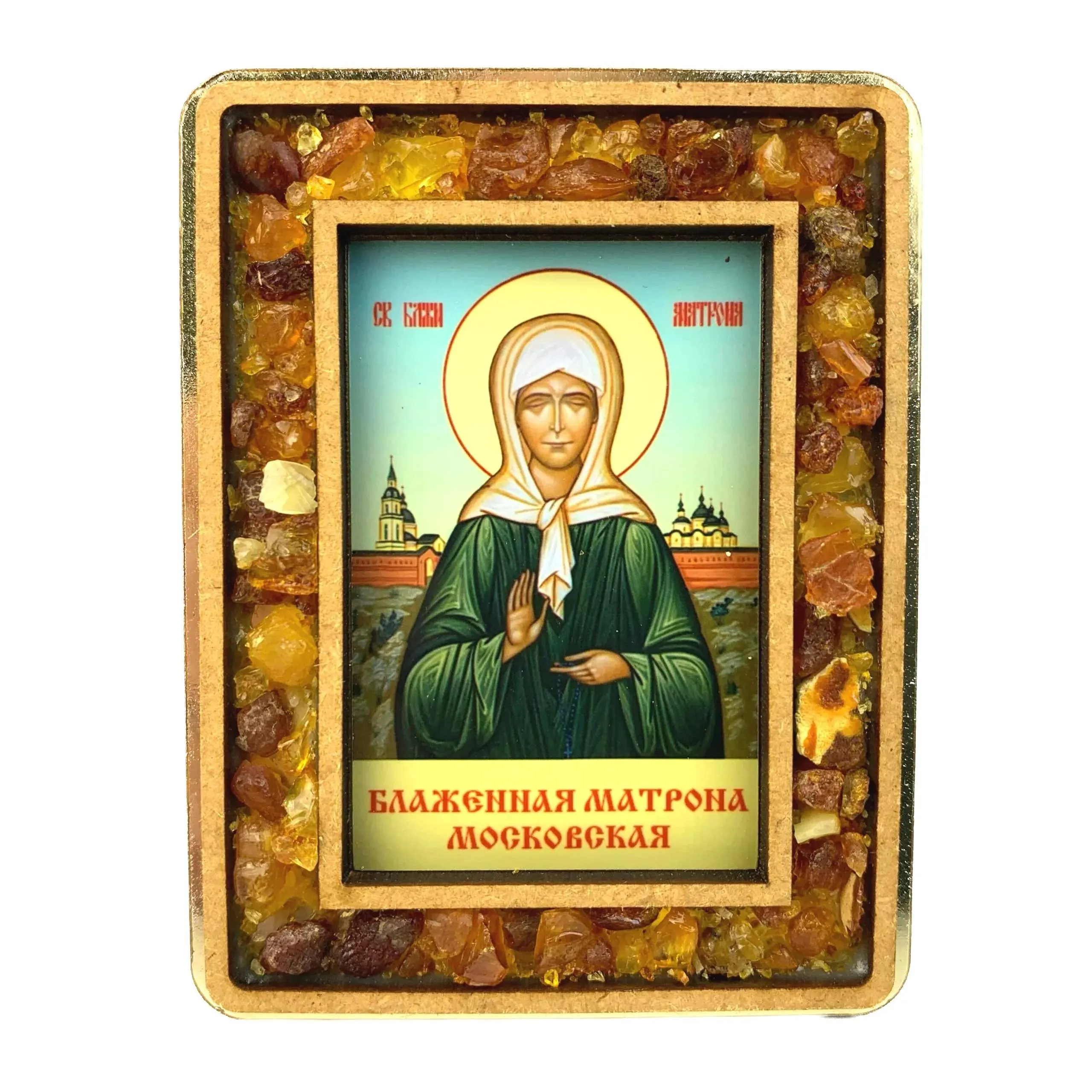 Handmade Baltic amber Saint Matrona Orthodox icon by KIZIMA® USA — natural amber wall art, side view