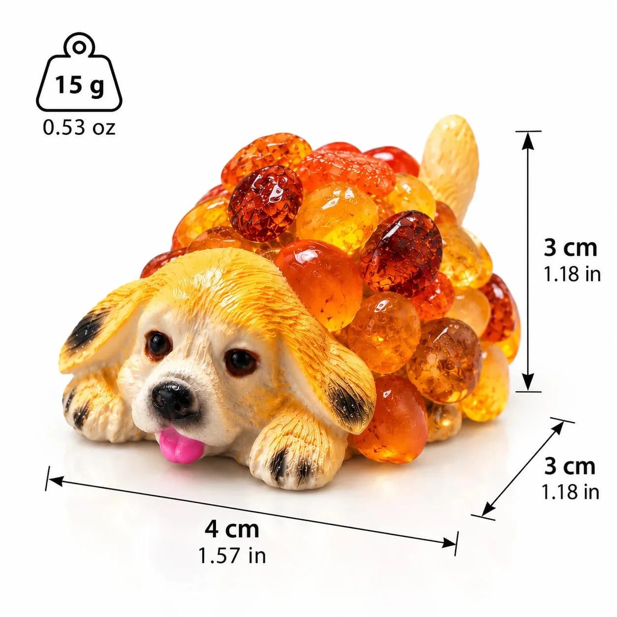 Made in USA natural Baltic amber spaniel puppy figurine size chart — 3 cm (1.18 in) tall, 4 cm (1.57 in) long, 3 cm (1.18 in) deep, 15 g (0.53 oz) — KIZIMA® Brooklyn NY