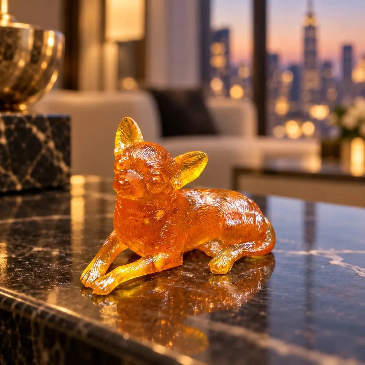 Natural Baltic amber Chihuahua lying down figurine displayed on a dark console in a New York apartment interior, KIZIMA.