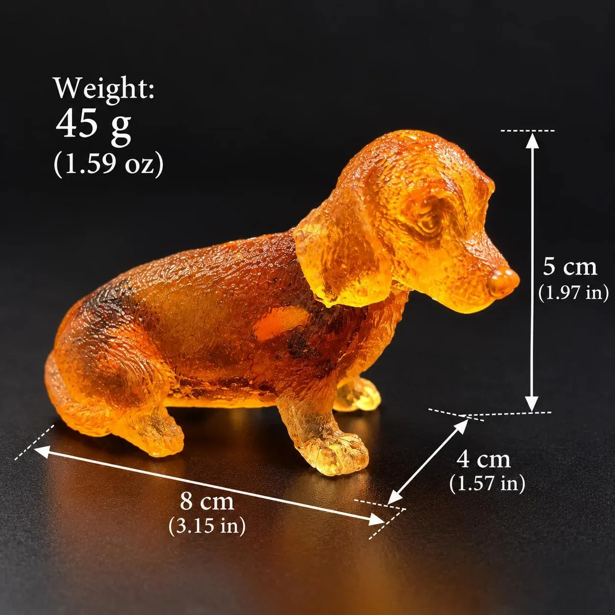 Made in USA natural Baltic amber sitting Dachshund figurine size chart — 5 cm (1.97 in) tall, 8 cm (3.15 in) long, 4 cm (1.57 in) wide, 45 g (1.59 oz) — KIZIMA® Brooklyn NY