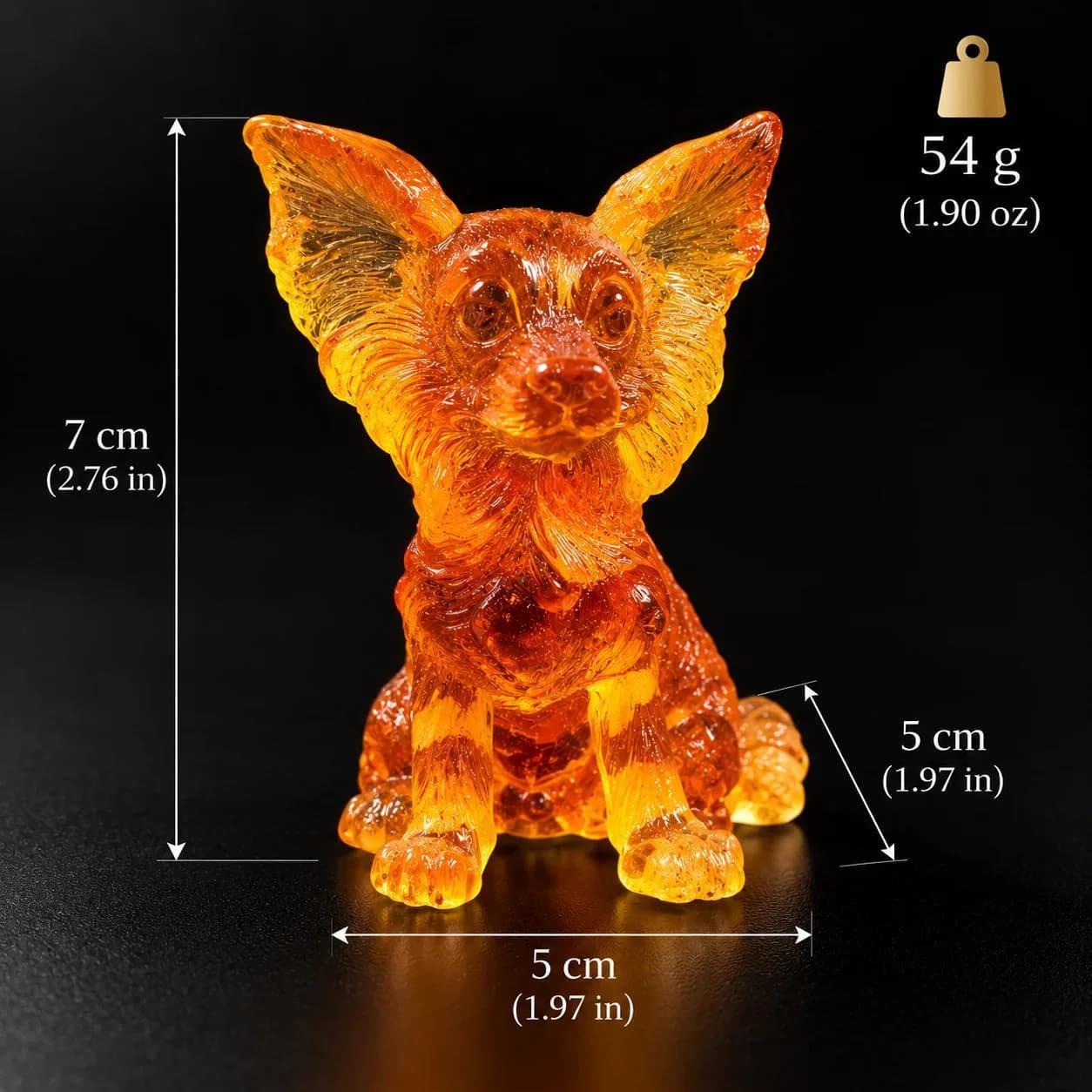 Made in USA natural Baltic amber Papillon dog figurine size chart — 7 cm (2.76 in) tall, 5 cm (1.97 in) deep, 5 cm (1.97 in) wide, 54 g (1.90 oz) — KIZIMA® Brooklyn NY