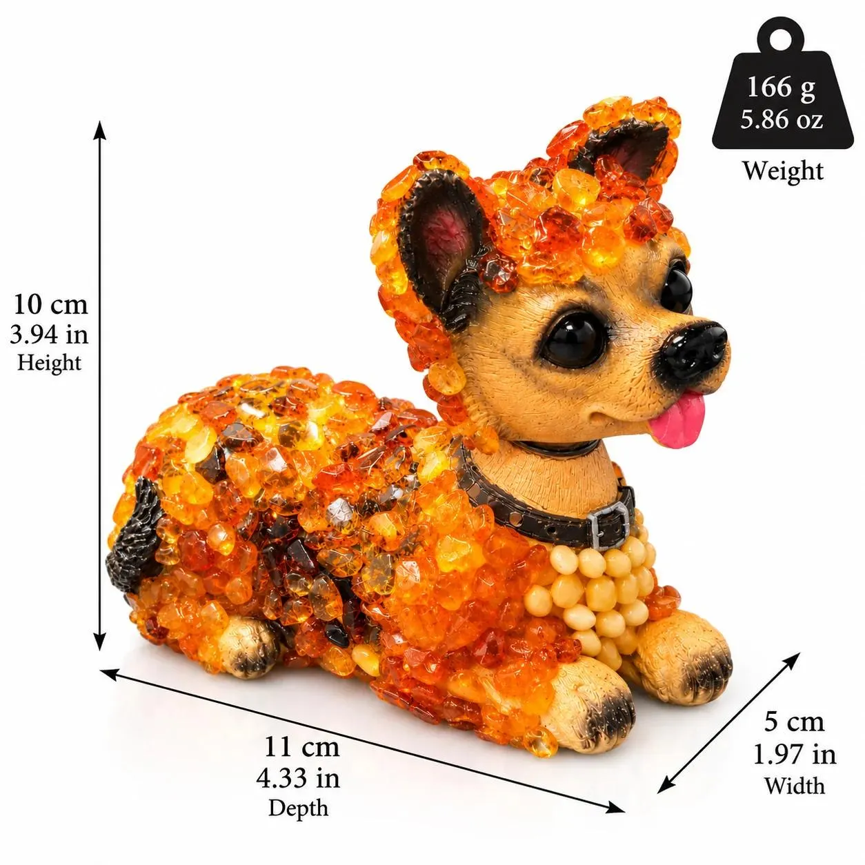 Made in USA natural Baltic amber bobblehead dog figurine size chart: height 10 cm (3.94 in), depth 11 cm (4.33 in), width 5 cm (1.97 in), weight 166 g (5.86 oz) — KIZIMA®