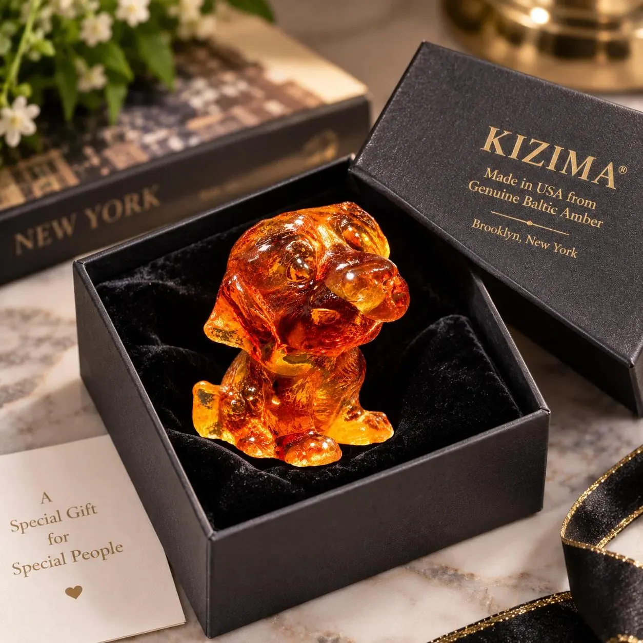 Made in USA natural Baltic amber Labrador puppy figurine in black KIZIMA® gift box with gift card — ready-to-give dog lover gift