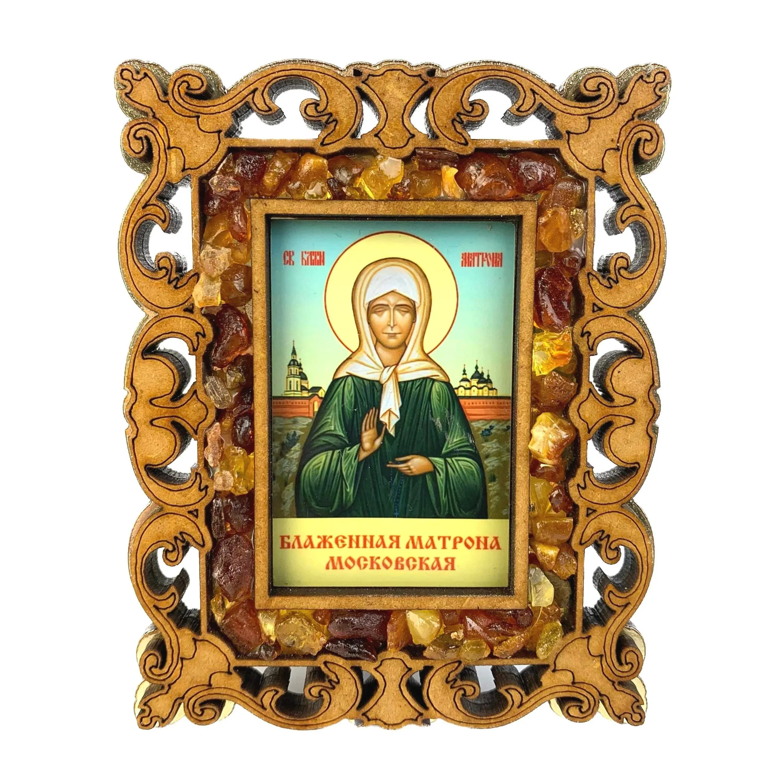 KIZIMA® amber Saint Matrona icon — genuine Baltic amber, handmade in USA, angled view