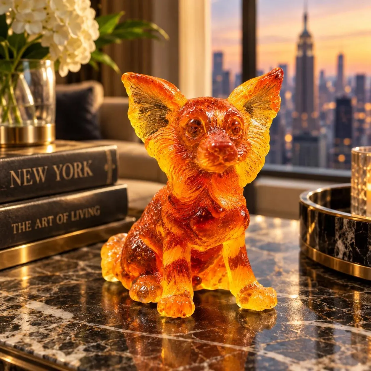 Made in USA natural Baltic amber Papillon dog figurine as desk decor on a marble console with Manhattan skyline — Papillon lover gift by KIZIMA® Brooklyn NY