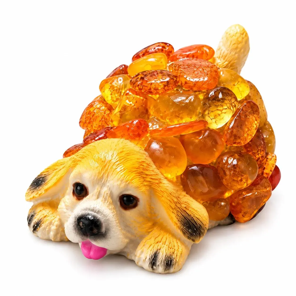 Made in USA natural Baltic amber spaniel puppy figurine on white background — lying puppy with floppy ears in amber mosaic on ceramic, KIZIMA® Brooklyn NY