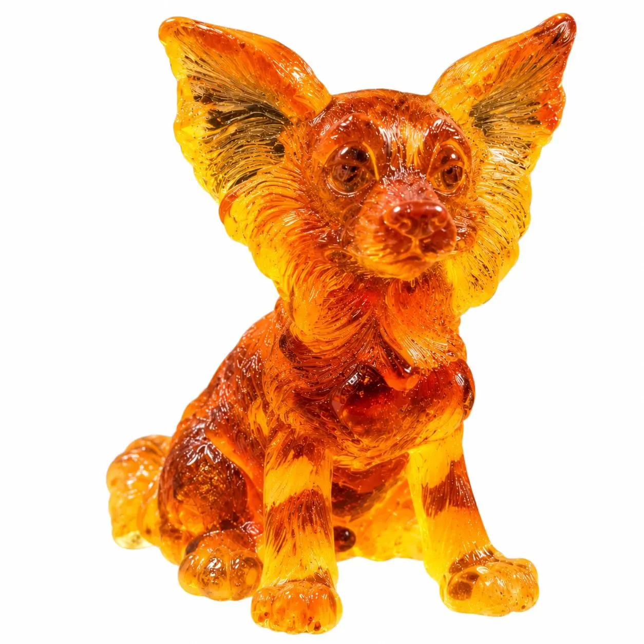 Made in USA natural Baltic amber Papillon dog figurine on white background — sitting long-haired dog with large fringed ears in translucent honey amber, KIZIMA® Brooklyn NY