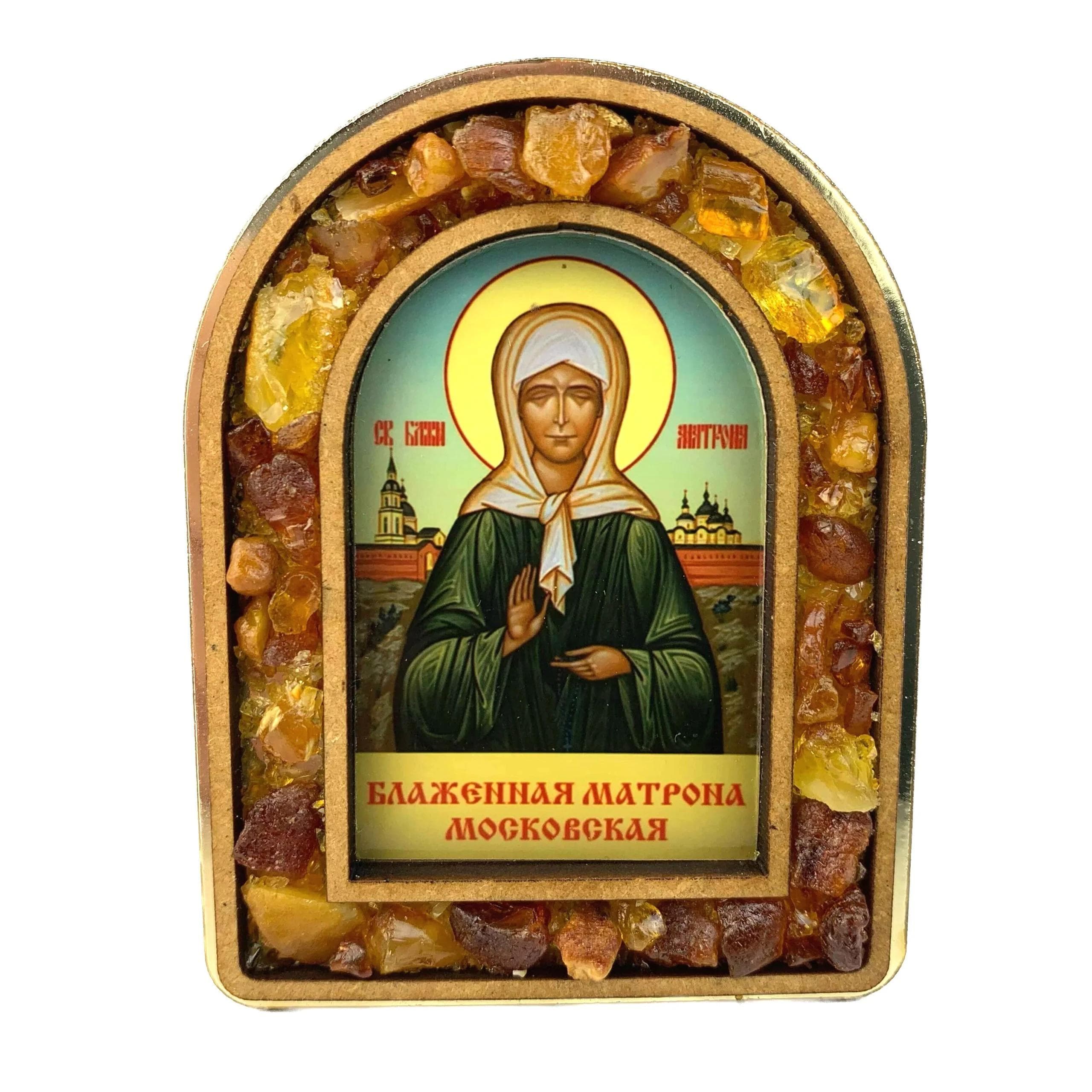 KIZIMA® Saint Matrona icon Baltic amber wall art — genuine amber Orthodox icon, handmade in USA, detail view