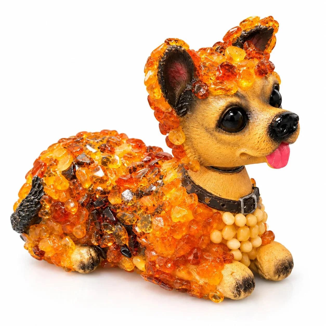 Made in USA natural Baltic amber bobblehead dog figurine, dark cognac amber puppy sculpture on white background — KIZIMA®