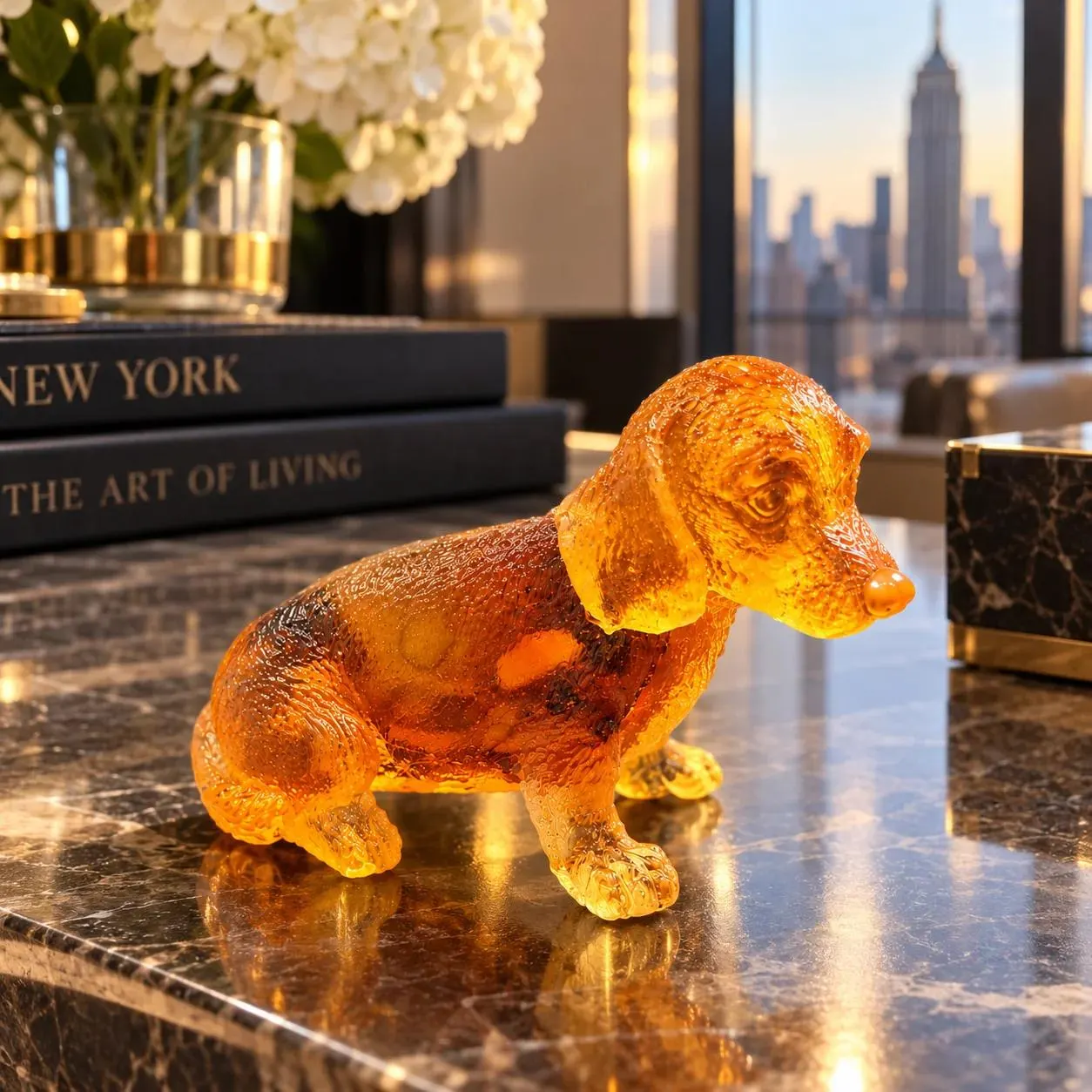 Made in USA natural Baltic amber sitting Dachshund figurine as desk decor on a marble console with Manhattan skyline — dachshund lover gift by KIZIMA® Brooklyn NY