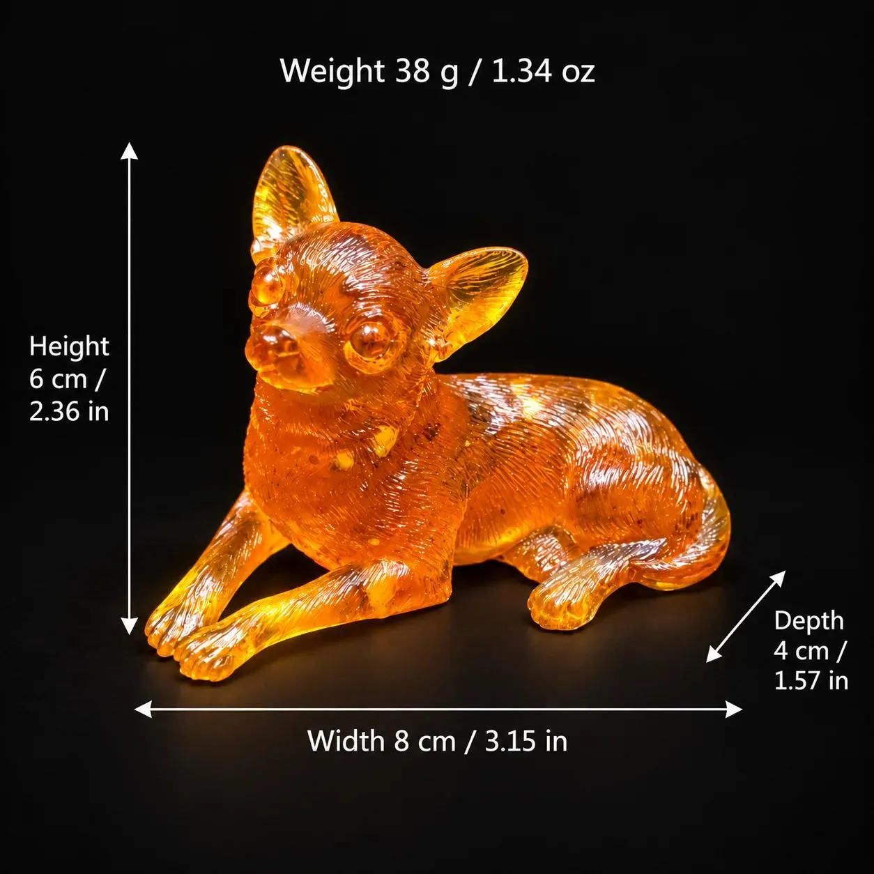 Chihuahua lying down amber figurine dimensions: height 6 cm (2.36 in), depth 4 cm (1.57 in), width 8 cm (3.15 in); weight 38 g (1.34 oz).