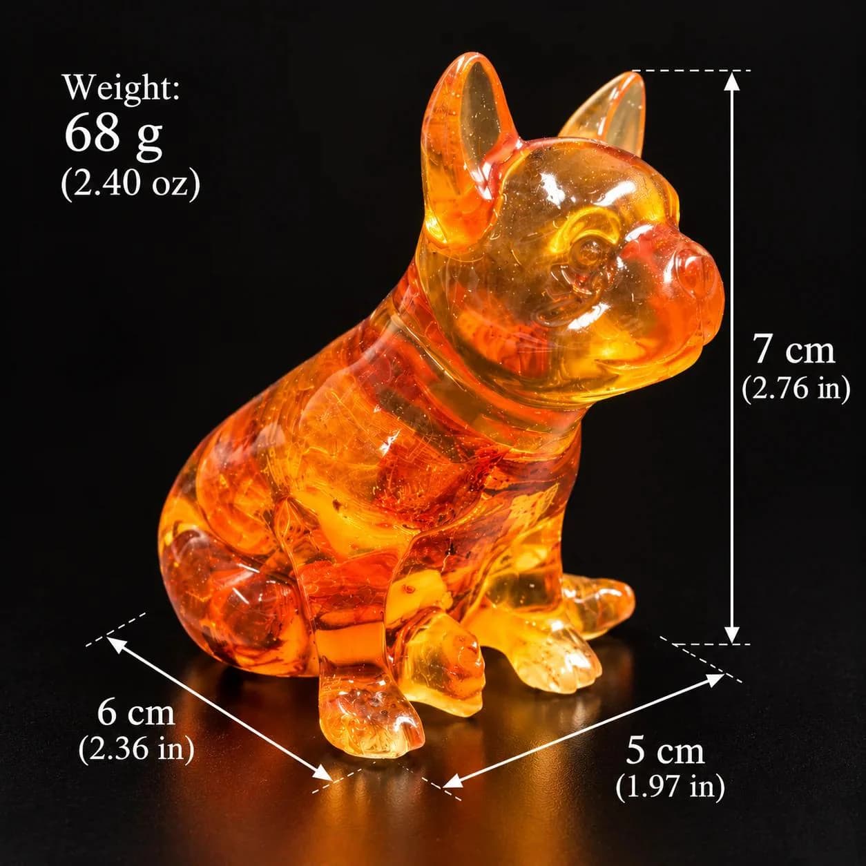 Made in USA natural Baltic amber sitting French Bulldog figurine size chart — 7 cm (2.76 in) tall, 6 cm (2.36 in) deep, 5 cm (1.97 in) wide, 68 g (2.40 oz) — KIZIMA® Brooklyn NY