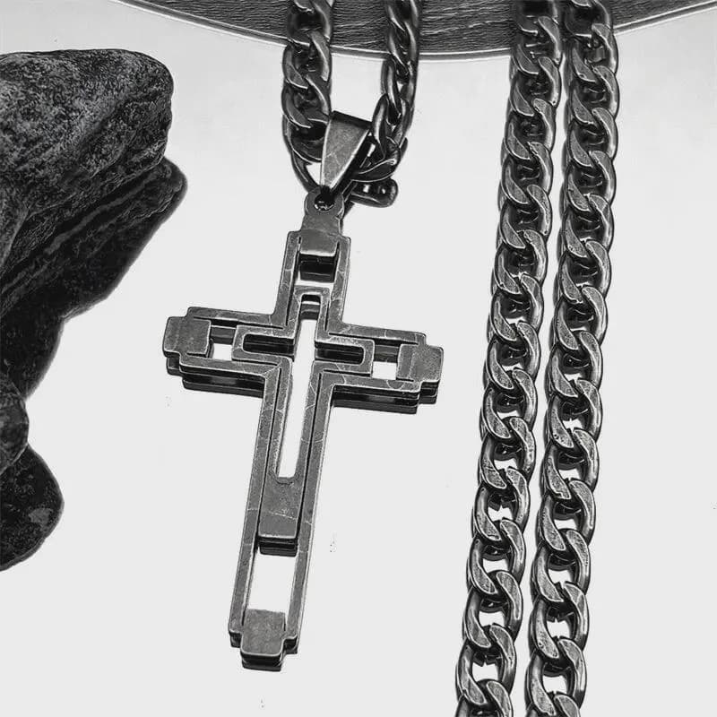 Men's Black Stainless Steel Cross Pendant Necklace - Goth Grunge Jewelry - image 3