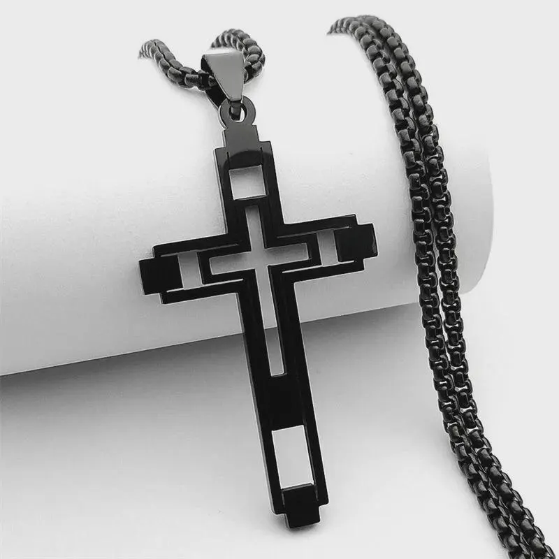 Men's Black Stainless Steel Cross Pendant Necklace - Goth Grunge Jewelry