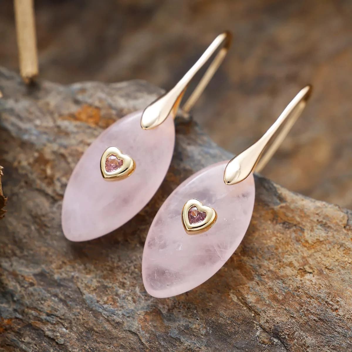 Natural Rose Quartz Marquise Drop Earrings – 18K Gold Plated Pink Crystal Dangle, Healing Gemstone