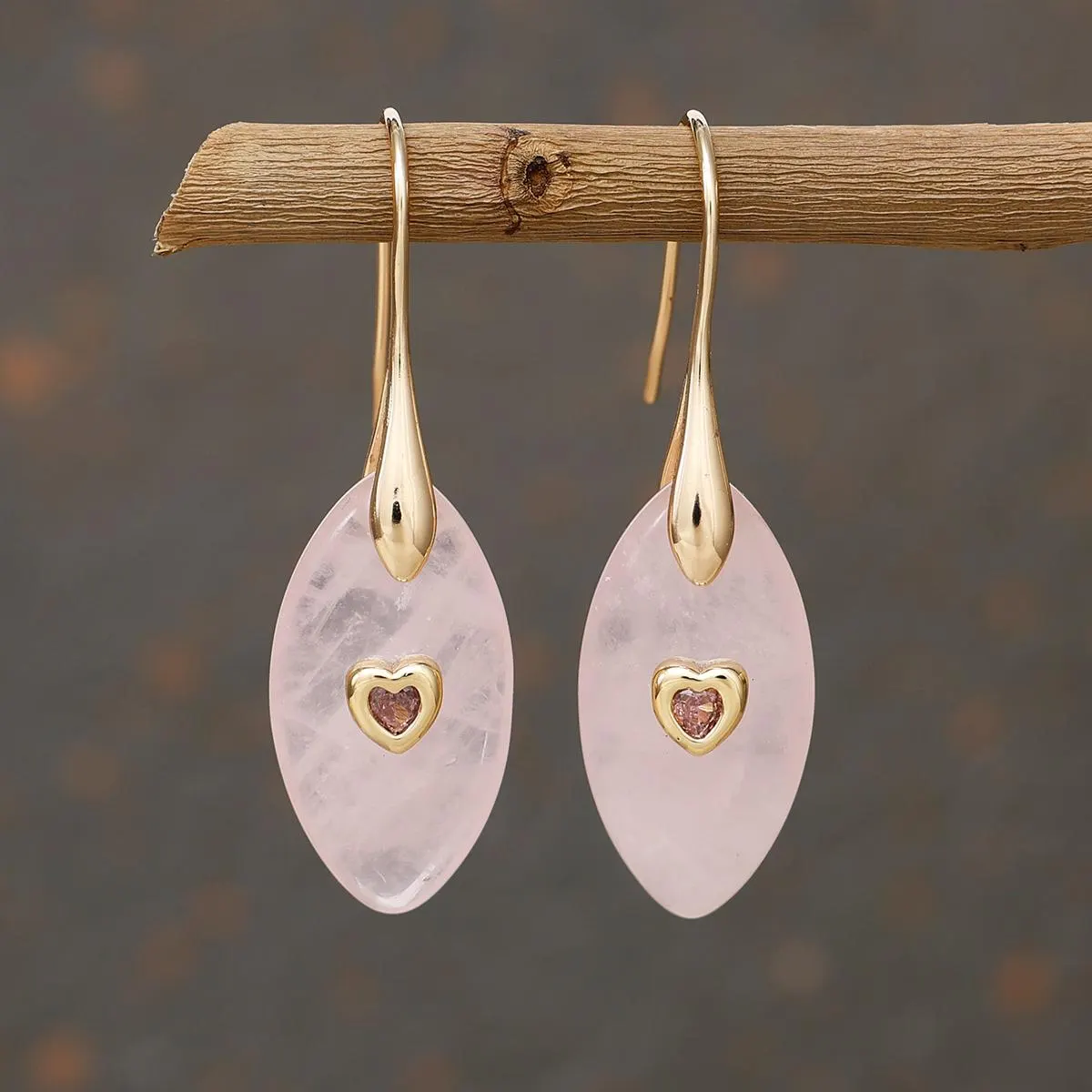 Natural Rose Quartz Marquise Drop Earrings – 18K Gold Plated Pink Crystal Dangle, Healing Gemstone - image 2
