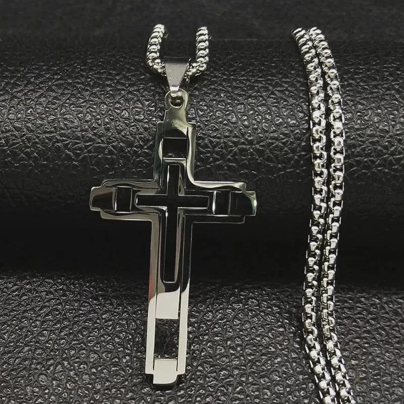 Men's Black Stainless Steel Cross Pendant Necklace - Goth Grunge Jewelry - image 2