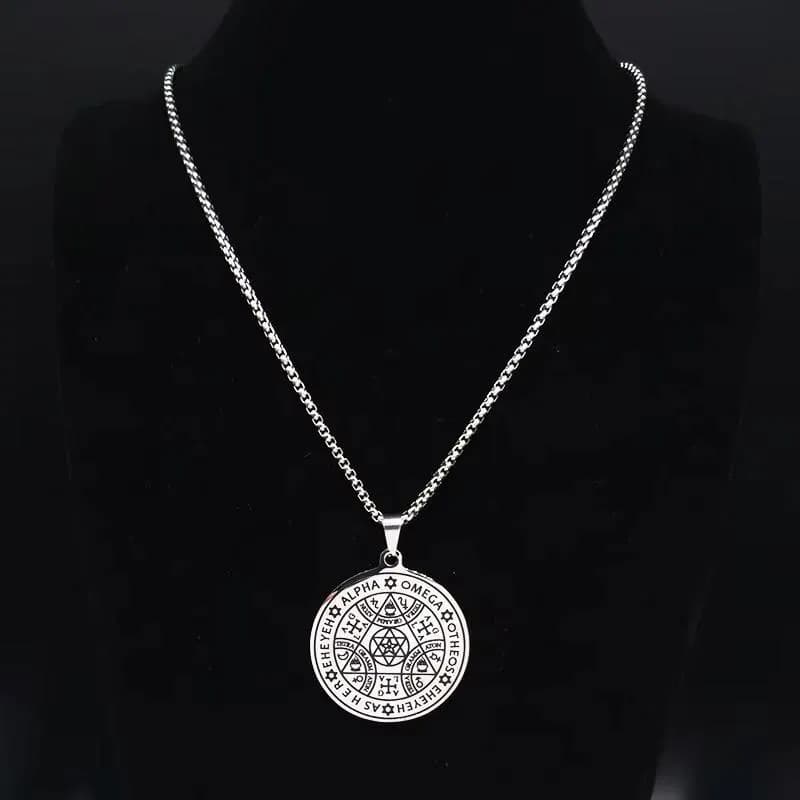 Stainless Steel Tetragrammaton Protection Pendant – Wheel of Fortune Seal Amulet (35mm)