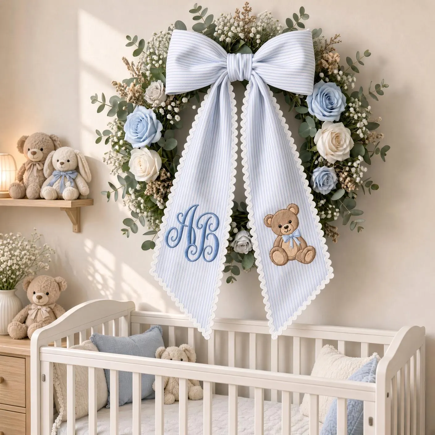 Personalized Baby Boy Wreath Sash, Teddy Bear Monogram Door Bow, Custom Initial Blue Nursery Decor - image 3