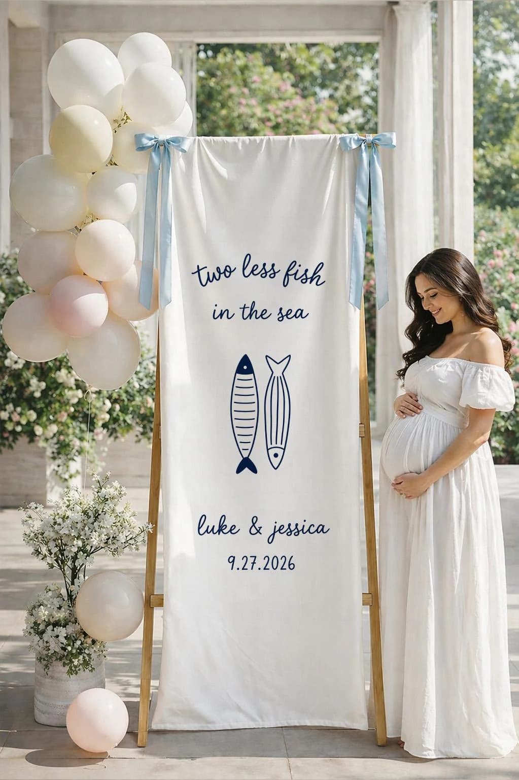 Two Less Fish in the Sea Bridal Shower Welcome Sign Banner Personalized Linen Bridal Banner Beach Bachelorette Backdrop Bride To Be Decor - image 3