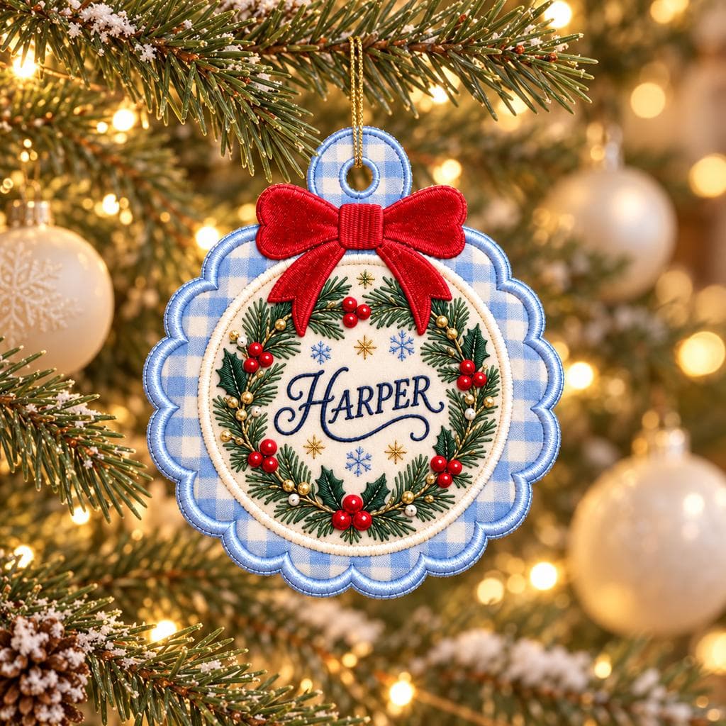 Personalized Christmas Wreath Embroidered Ornament, Custom Family Name Fabric Ornament, Blue Gingham Scalloped Christmas Tree Decor - image 4
