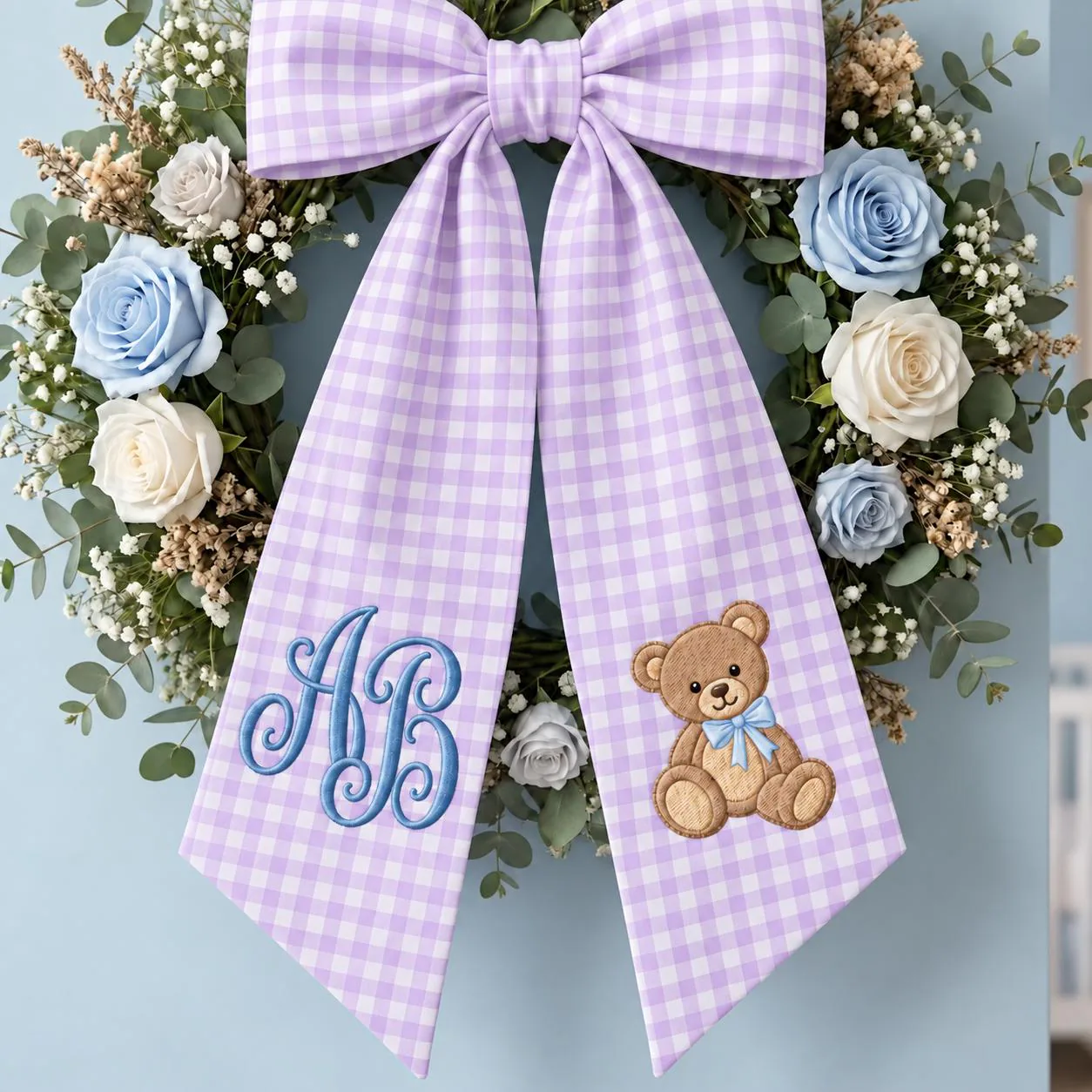 Personalized Baby Boy Wreath Sash, Teddy Bear Monogram Door Bow, Custom Initial Blue Nursery Decor - image 5