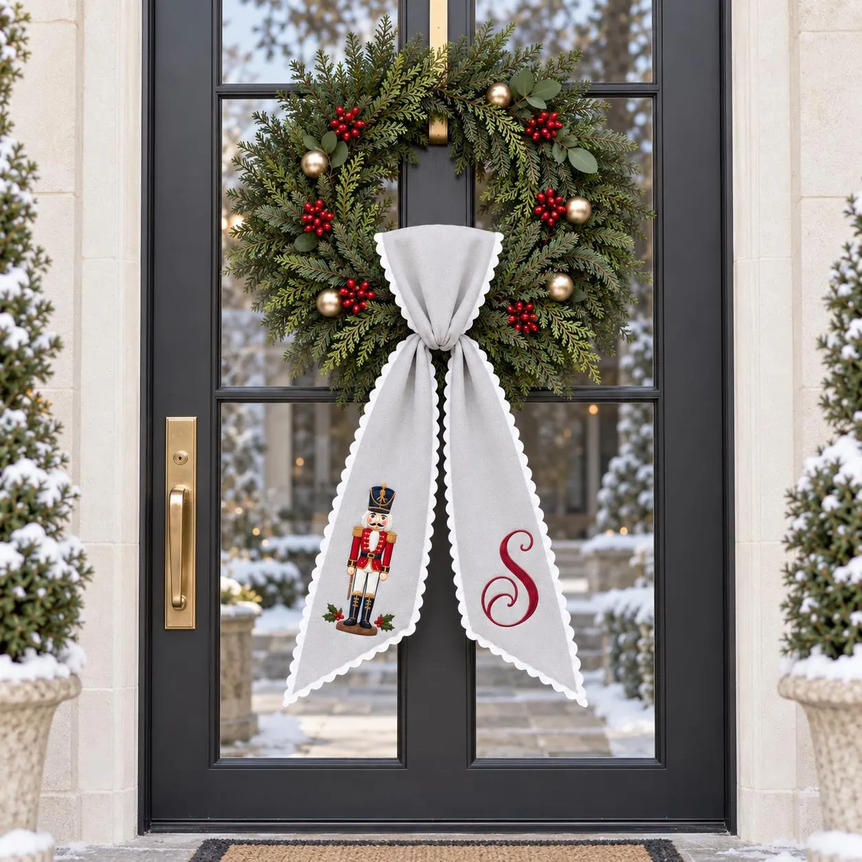 Personalized Nutcracker Wreath Sash, Christmas Monogram Wreath Bow, Custom Initial Holiday Front Door Decor, Christmas Wreath Accent - image 3