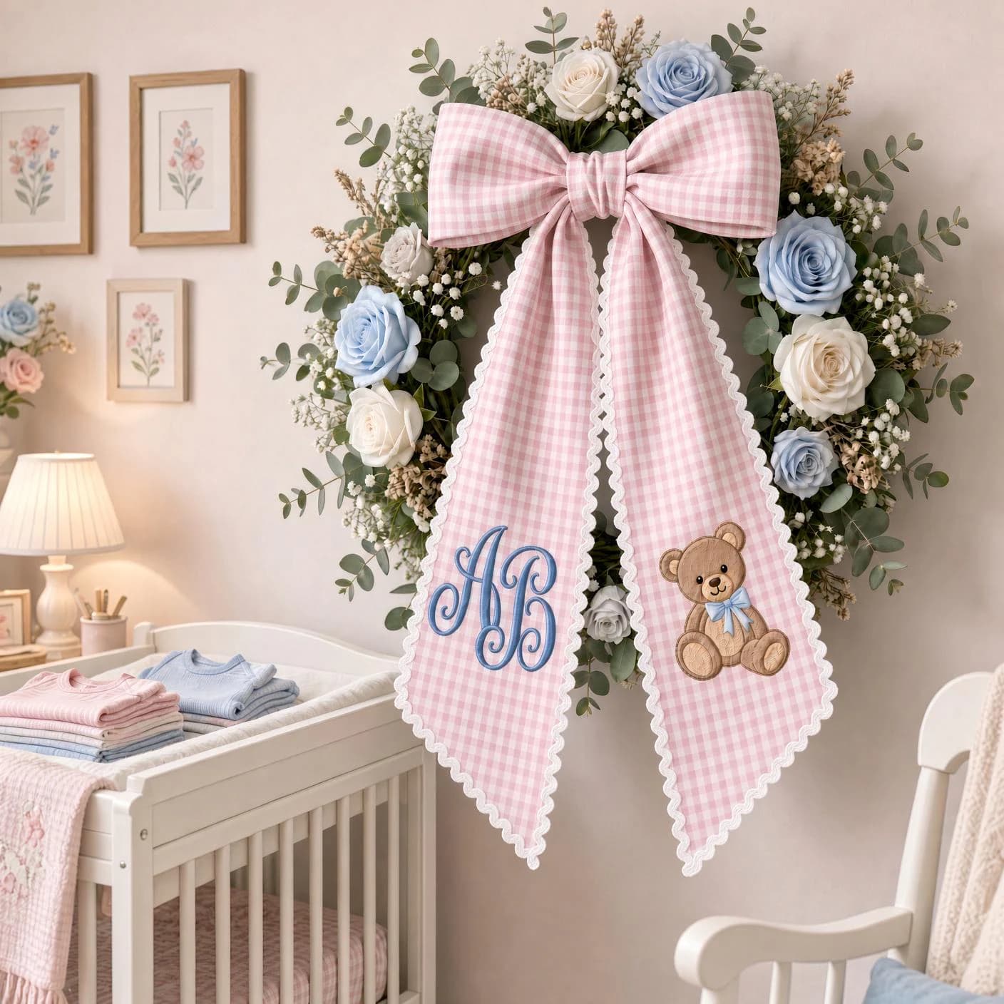 Personalized Baby Boy Wreath Sash, Teddy Bear Monogram Door Bow, Custom Initial Blue Nursery Decor - image 4