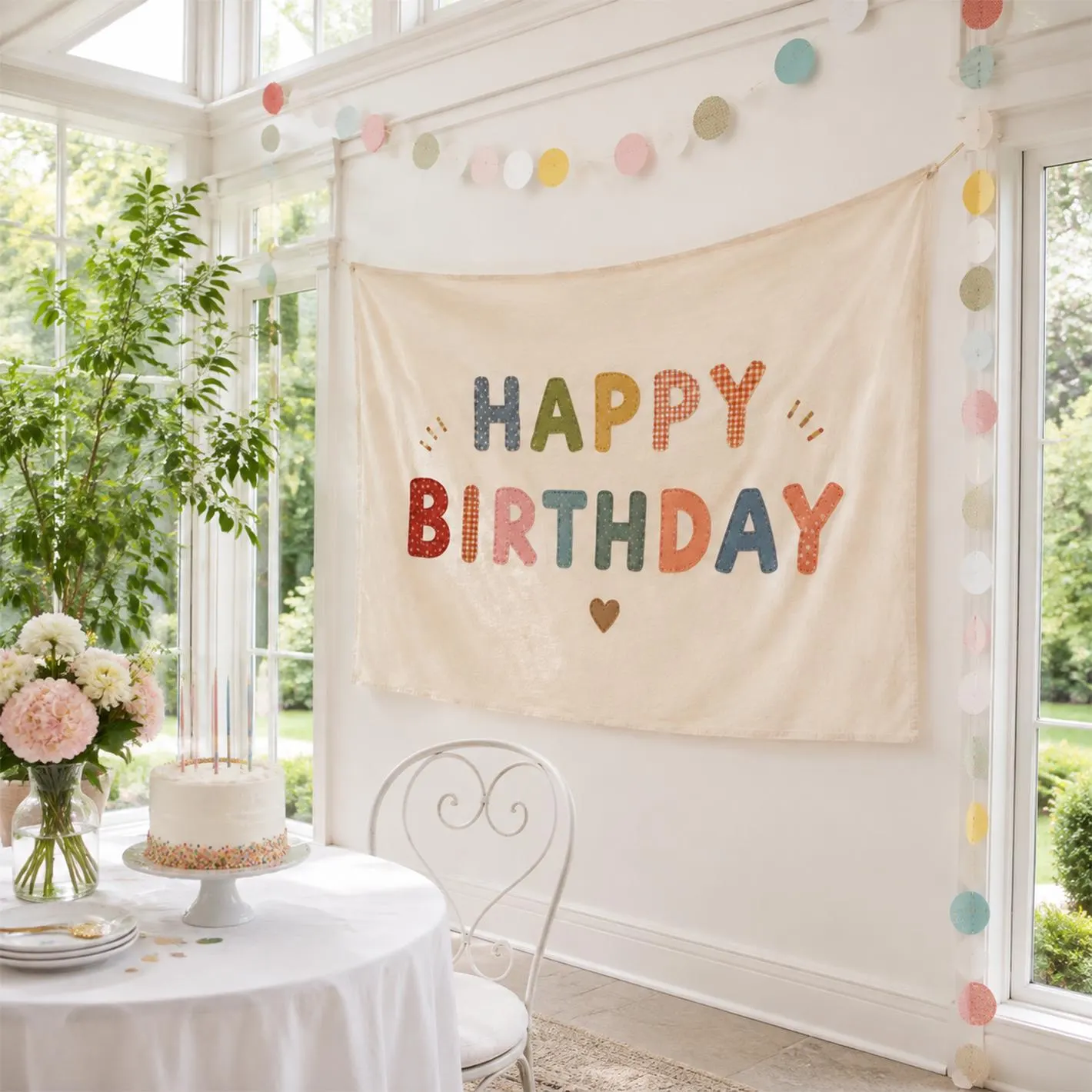 Happy Birthday Banner, Colorful Fabric Birthday Backdrop, Kids Birthday Party Decor, Patchwork Garden Party Sign - image 3