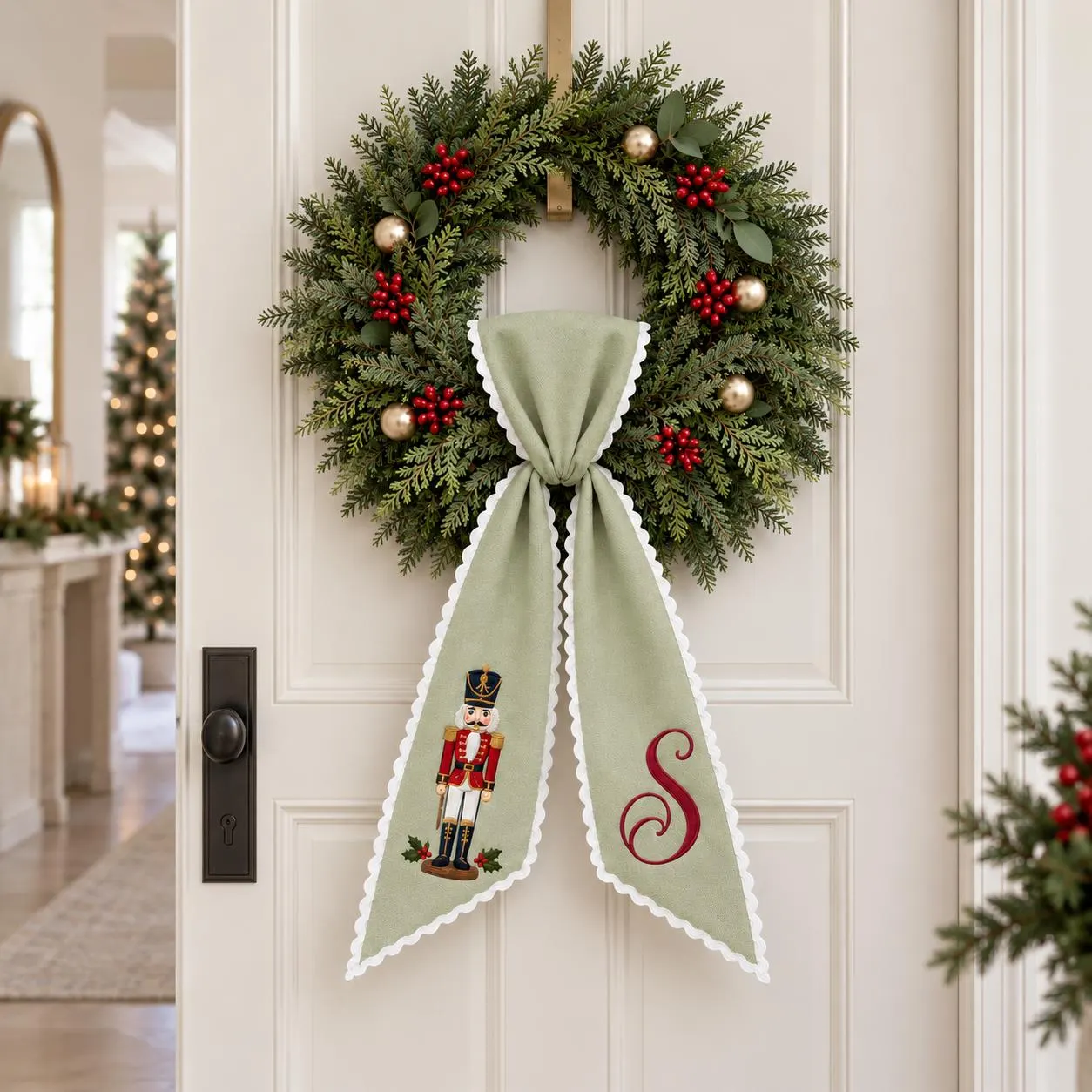 Personalized Nutcracker Wreath Sash, Christmas Monogram Wreath Bow, Custom Initial Holiday Front Door Decor, Christmas Wreath Accent - image 4